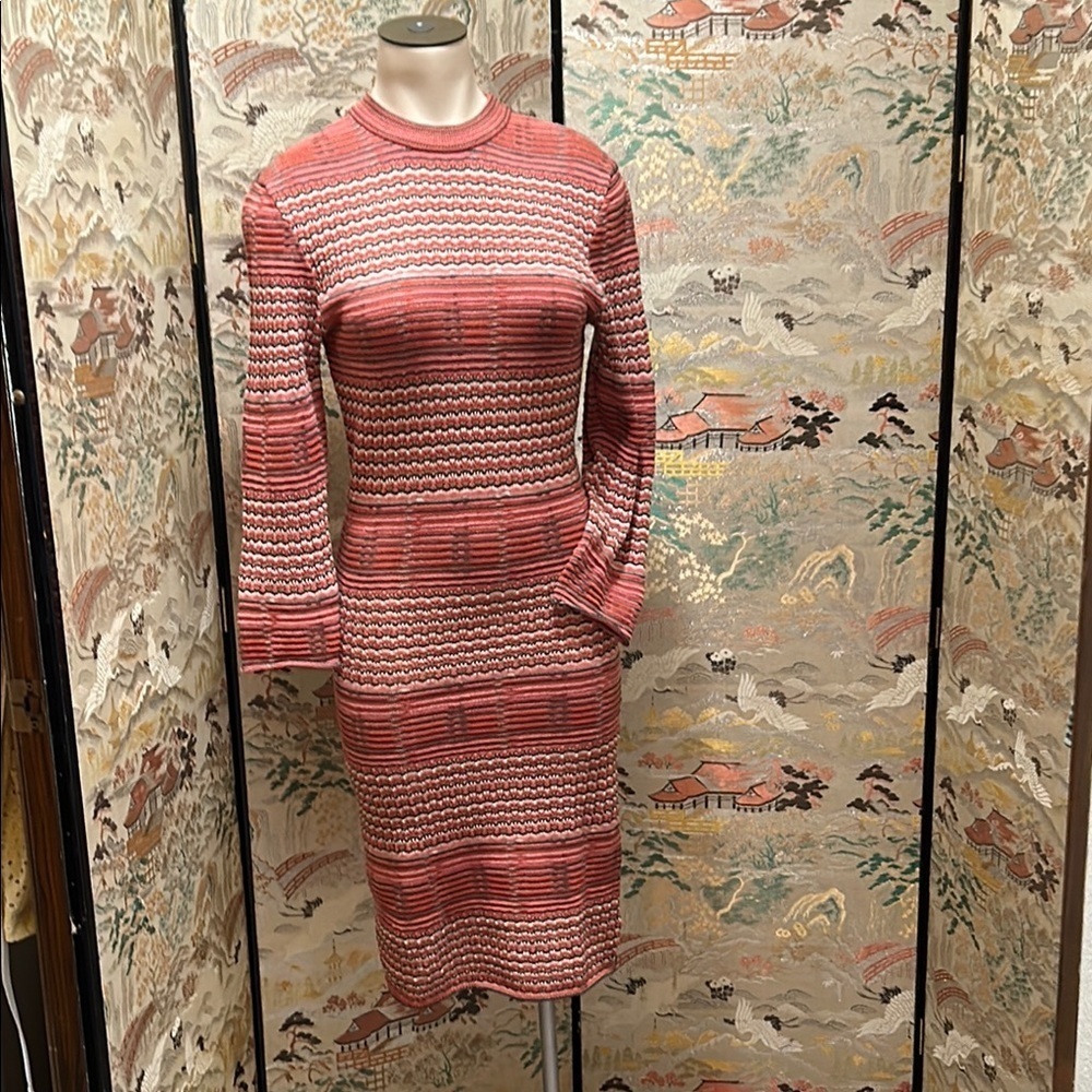 FREE PEOPLE RETRO LONG SLEEVED SIMI SHEER RED/BROWN STRIPPED SWEATER DRESS SZ M